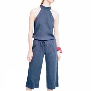 Cloth & Stone Cotton Denim Jumpsuit S Drawstring Halter Crop Wide Legs Pockets